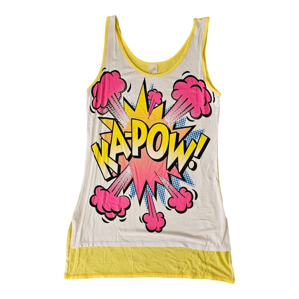 Women’s Graphic Tank Top – "KAPOW!" Comic Book Style  White & Yellow Fun Pop Art